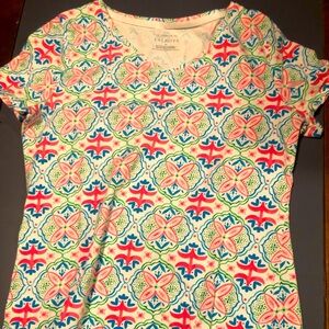 V-neck t-shirt, not low at all.